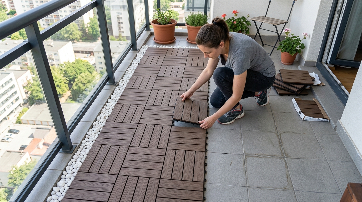 Tạm biệt nền gạch cũ: Trải nghiệm 'F5' ban công siêu tốc với vỉ gỗ nhựa DIY