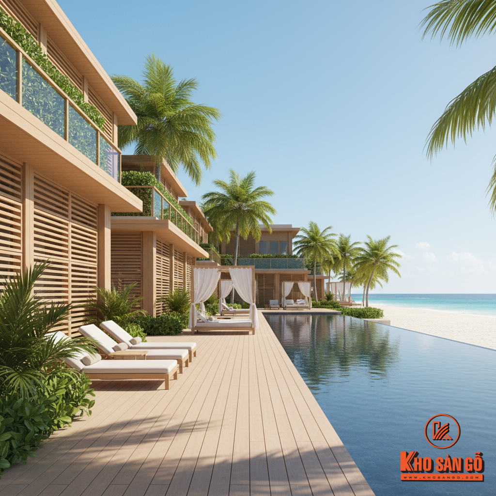 Thách thức nắng, gió, hơi muối: Gỗ nhựa ngoài trời giữ trọn vẻ đẹp cho resort 5 sao.